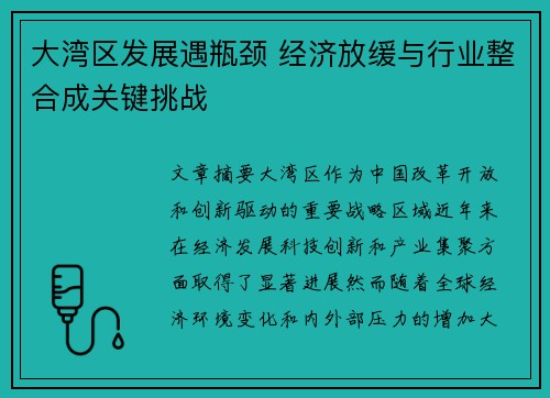 大湾区发展遇瓶颈 经济放缓与行业整合成关键挑战