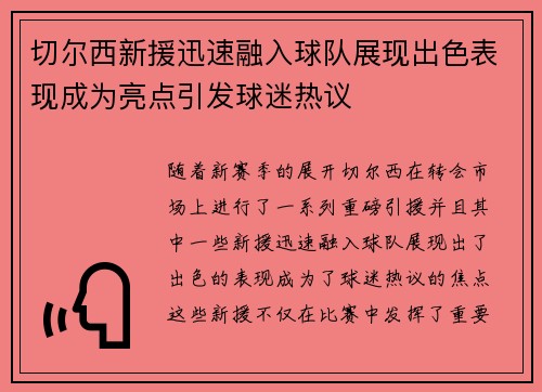 切尔西新援迅速融入球队展现出色表现成为亮点引发球迷热议