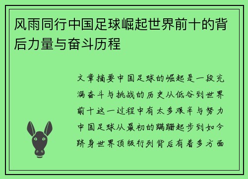 风雨同行中国足球崛起世界前十的背后力量与奋斗历程